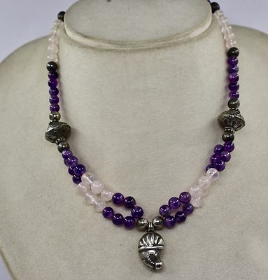 Sterling Silver Vintage Amethyst Ct Rose Quartz Beads Pendant Fashion Necklace