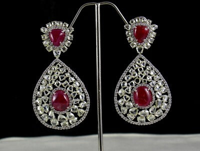 Certified Burma Ruby 200ct Natural Rose Cut Diamond 18k Gold Cocktail Earrings