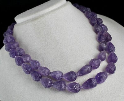 Certified Antique Natural Amethyst 688 Ct Beads Carved Pear Finest Necklace