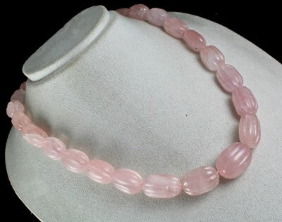 Natural Rose Quartz 883ct Melon Carved Beads Sterling Silver Necklace