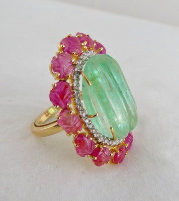 Certified Vintage Natural Emerald 10ct Ruby Carved Natural Diamond 18k Gold Ring