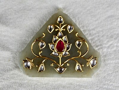 Antique Persian Nephrite Jade 121ct Natural Diamond Ruby 22k Gold Pendant