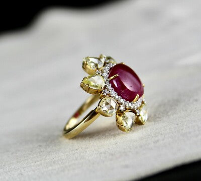 Certified Natural Burma Ruby 48ct Cabochon Natural Diamond 18k Gold Ring