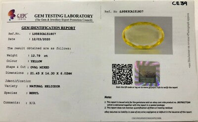 Certified Natural Yellow Aquamarine Heliodor 12.79ct Oval Ring Pendant Silver