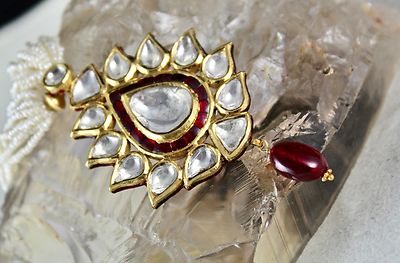 Certified Flat Big Natural Diamond 10ct Spinel Pearl 22k Gold Jadau Necklace