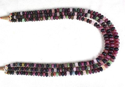 Certified Natural Multi Tourmaline 442ct Beads Melon Carved 3 Line Necklace