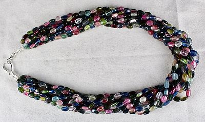 Certified Natural Multi Tourmaline Cabochon Beads Silver Necklace 985 Ct
