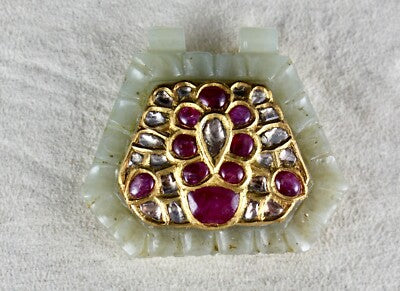 Antique Natural Nephrite Jade 140ct Diamond Rubies 22k Gold Two Side Pendant