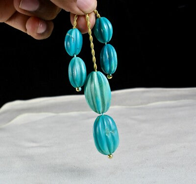 Certified Old Real Turquoise Beads Carved Melon 6pc 142ct Gemstone Jewelry