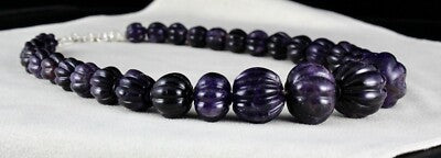 Natural Amethyst Carved Melon Bead 23mm 810ct Sterling Silver Gemstone Necklace