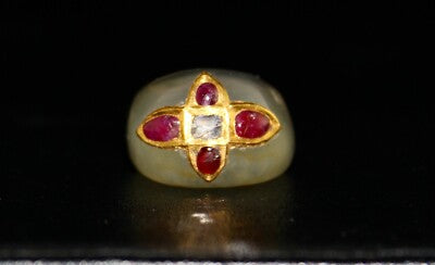 Antique Yellow Chalcedony 10ct Natural Diamond Ruby 22k Gold Classic Ring