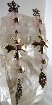 Certified Natural Rose Quartz 114.6ct Garnet Diamond Sterling Silver Earrings