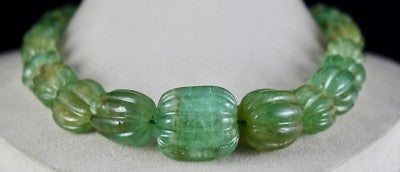 Certified Natural Emerald 900ct Carved Beads 27mm Vintage Necklace For Women
