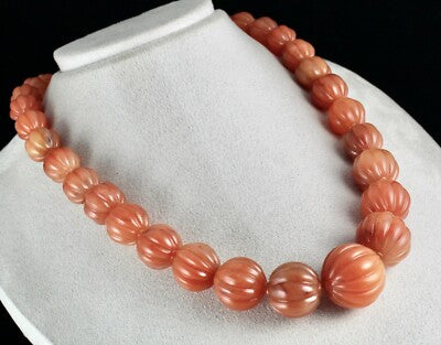 Natural Orange Aventurine 1297 Ct Carved Beaded Necklace Sterling Silver Clasp