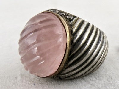 18k Gold Natural Diamond Rose Quartz 83ct Carved Sterling Silver Victorian Ring