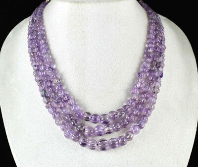 Antique Natural Amethyst Carved Melon Beads Necklace 583ct Gemstone 3 Line