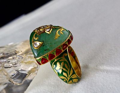 Certified Vintage Natural Emerald Cabochon Natural Diamond 22k Gold Ring