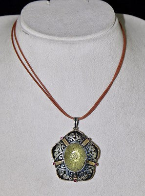 Natural Lemon Quartz 50ct Garnet Cut 18k Gold 925 Sterling Silver Carved Pendant