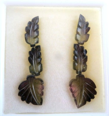 Natural Multi Colour Tourmaline 36.65ct Carved Leaves Earrings Set