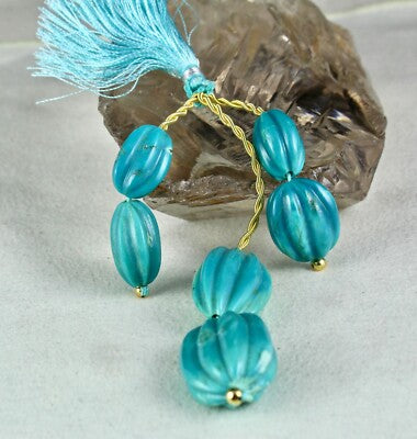 Certified Old Real Turquoise Beads Carved Melon 6pc 142ct Gemstone Jewelry