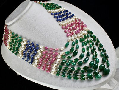 Certified Natural Ruby 976ct Blue Sapphire Emerald Pearl 18k Gold Necklace