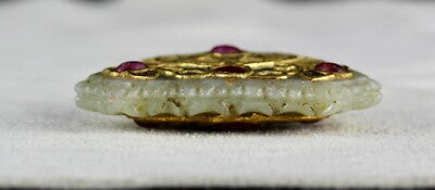 Antique Natural Nephrite Jade 140ct Diamond Rubies 22k Gold Two Side Pendant