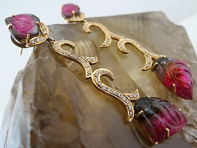 Certified Natural Multi Tourmaline 10ct Carved Leaves Diamond 18k Gold Earrings