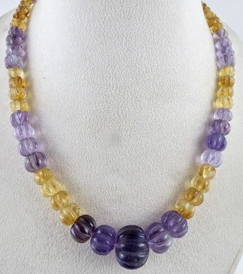 Natural Multi Amethyst 325 Ct Citrine Carved Melon Beads Gemstone Necklace