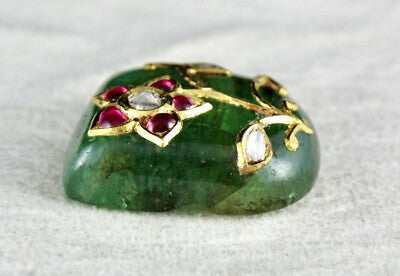Certified Natural Emerald Cabochon 59ct Natural Diamond Ruby 22k Gold Gemstone
