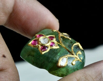 Certified Natural Emerald Cabochon 59ct Natural Diamond Ruby 22k Gold Gemstone