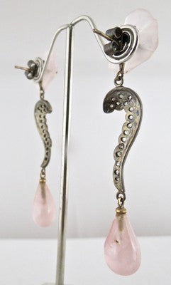 Natural Victorian Rose Quartz 77ct Diamond Flower Earrings 18k Gold 925 Silver