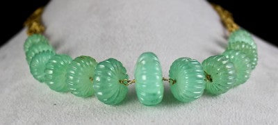 Certified Estate Natural Emerald 510ct Carved Melon Beads Diamond Gold Necklace