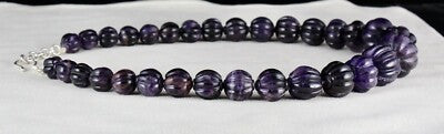 Natural Amethyst Carved Melon Bead 23mm 810ct Sterling Silver Gemstone Necklace