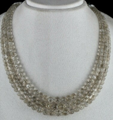 Natural Smoky Quartz Necklace Carved 410ct Gemstone Antique 3 Line Beads