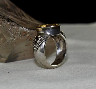 Vintage Natural Yellow Citrine 10ct Heart Cut Diamond 18k Silver Ring