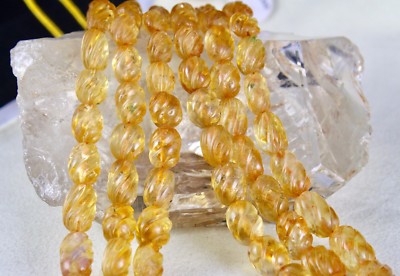 Certified Natural Citrine Beads Carved 792 Ct Yellow Gemstone Vintage Necklace
