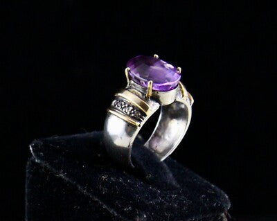 Antique Natural Amethyst 42.50ct 18k Gold Diamond Sterling Silver Victorian Ring