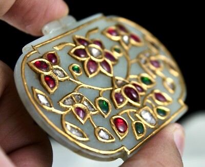Certified Natural Diamond Mughal Nephrite Jade 10ct Gold Ruby Emerald Pendant