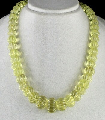Certified Natural Lemon Quartz Carved Melon Round Beads Necklace 856 Ct Yellow