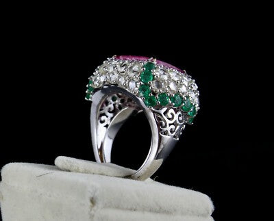 Certified Natural Ruby 104.75ct Cushion Natural Diamond Emerald 18k Gold Ring