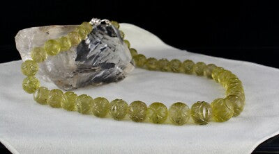 Certified Lemon Quartz 674 Ct Engraved Gemstone Vintage Beaded Necklace
