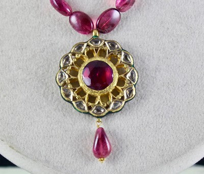 Antique 22k Gold Natural Diamond Pink Tourmaline Jadau Set 257ct Earrings