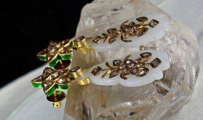 Certified Antique Nephrite Jade 90ct Natural Diamond 18k Gold Jadau Earrings