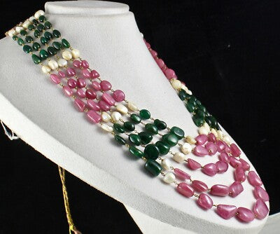 Certified Antique Natural Ruby 1196ct Emerald Pearl 18k Gold Necklace For Women