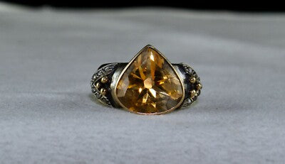 Vintage Natural Yellow Citrine 10ct Heart Cut Diamond 18k Silver Ring
