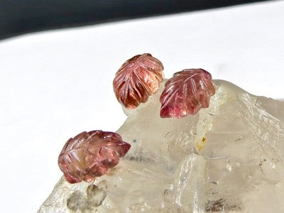 Natural Pink Tourmaline Carved Leaves 8.17 Ct Gemstone Set, Earring Pendant 3 Pc