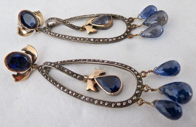 Certified Antique Natural Blue Iolite 10ct Sterling Silver & 18k Gold Earrings