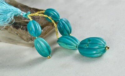 Certified Old Real Turquoise Beads Carved Melon 6pc 142ct Gemstone Jewelry