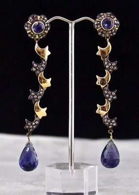 Natural Blue Iolite 10+ Ct Natural Diamond 18k Gold Sterling Silver Earrings