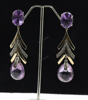 Amethyst 10 Ct & Natural Diamond Victorian Pavé Earrings 18K Solid Gold